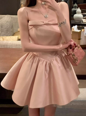 Pink Bow A Line Spaghetti Strap Satin Short Homecoming Dress Cocktail Dress HZ1023